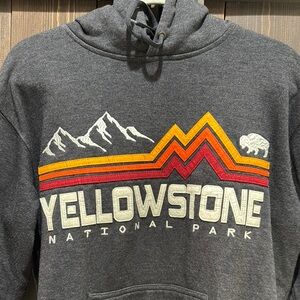 Gray Hoodie with Yellowstone Graphic Design and Retro Stripes